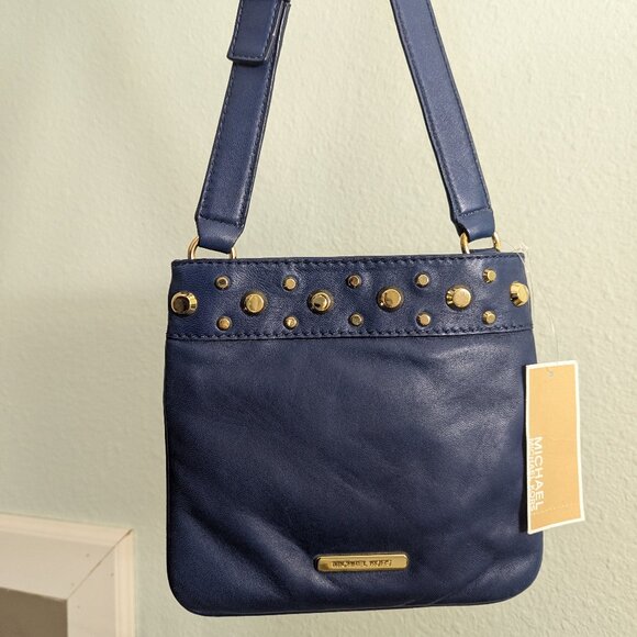 NWT Michael Kors Leather Lapis Blue Ludlow Gold Stud Crossbody Purse - Picture 2 of 12